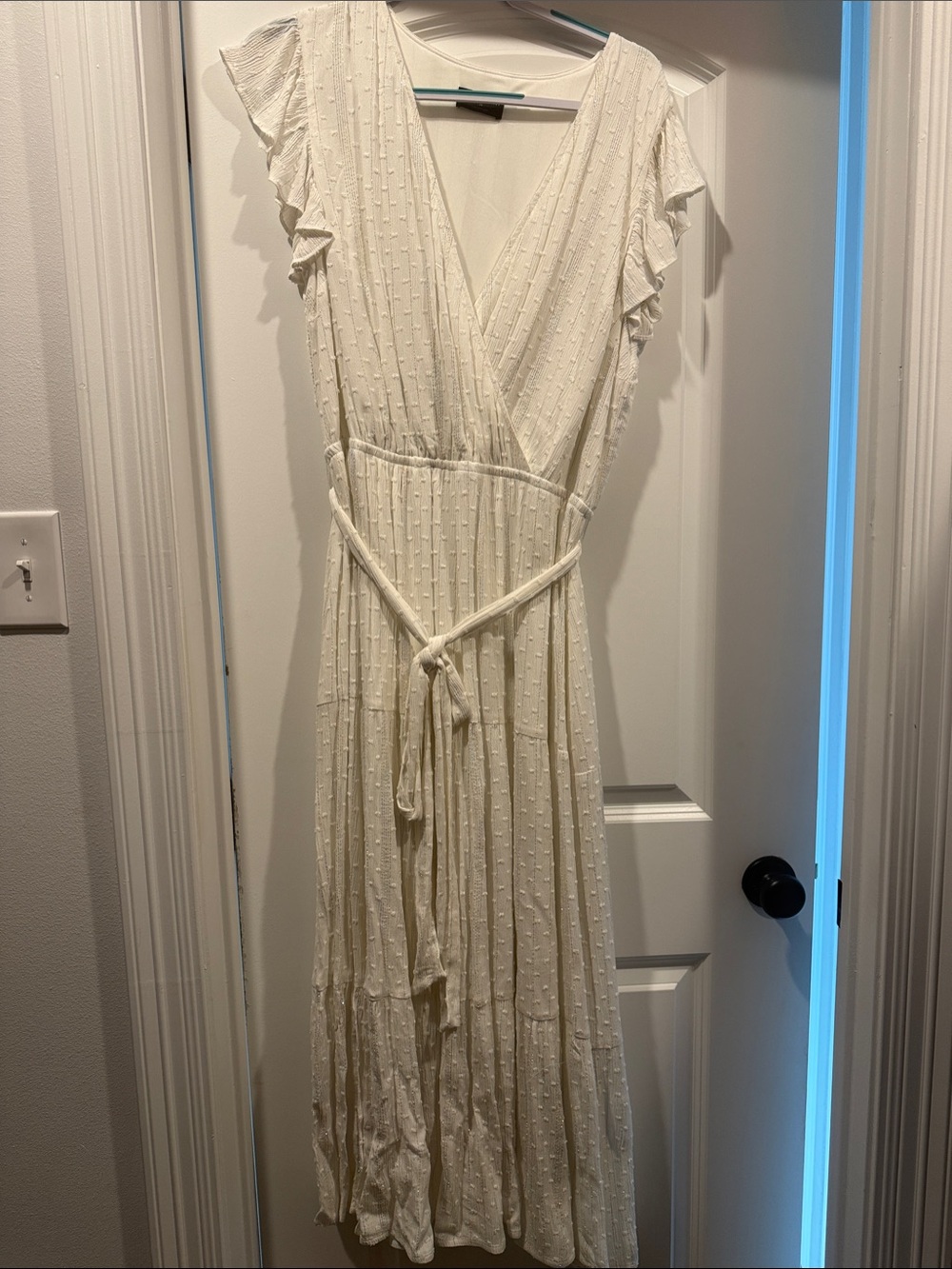 Lane Bryant Cream Textured Faux-Wrap Maxi Dress with Ruffle Sleeves